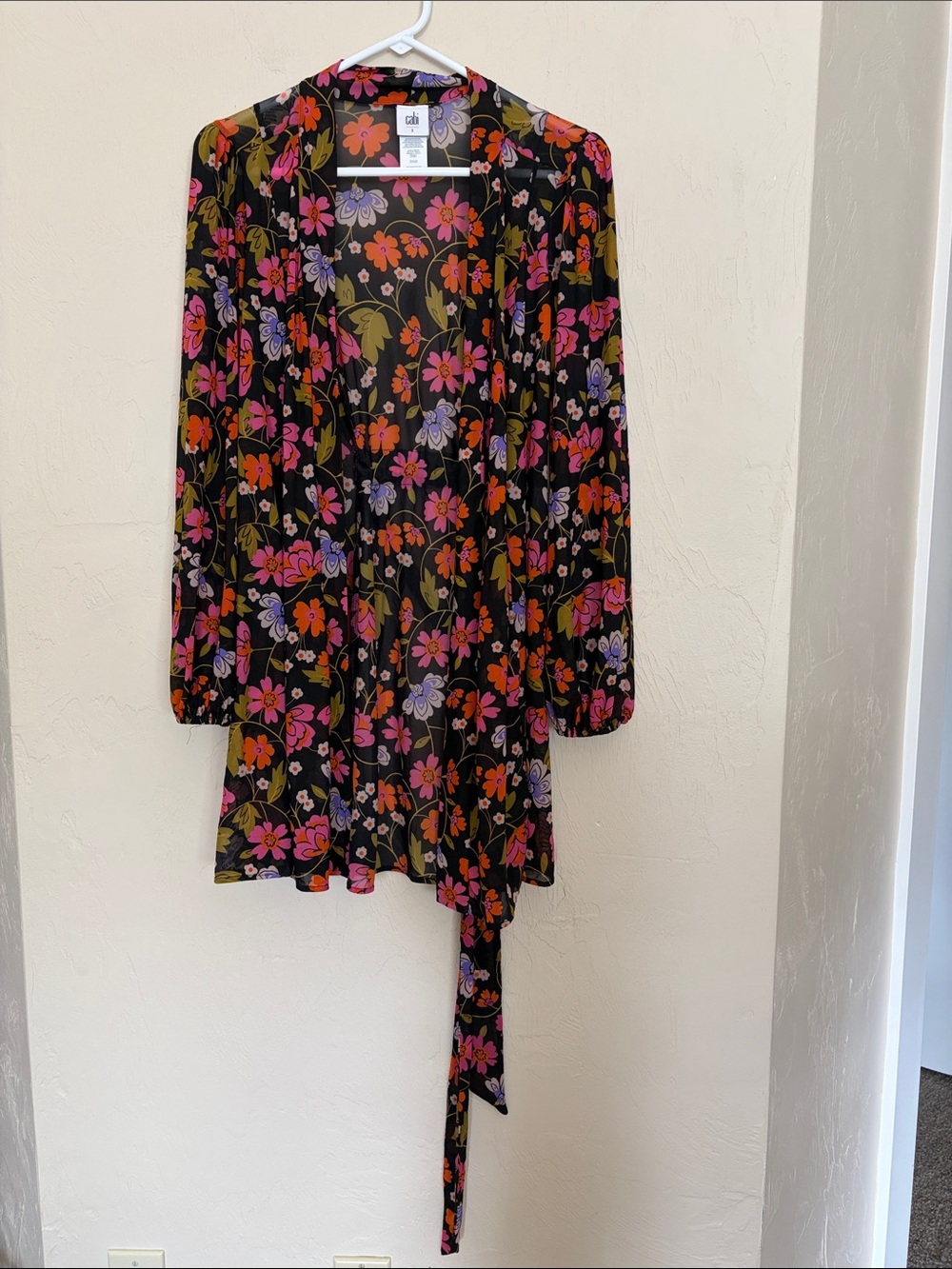 CAbi Black Floral Wrap Tunic with Pink, Orange & Lavender. Never Worn. NWOT!